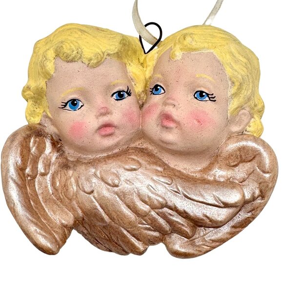 Scioto 1989 Vintage Double Cherub Ornament Hand-Painted Ceramic Angel Decoration - Picture 1 of 5